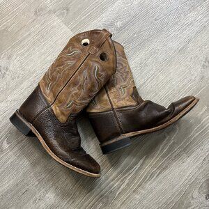 Old West Tumbled Brown & Tan Calf Leather Top Square Toe Boots Youth Size 5.0 D